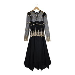 Vintage 90s Embroidered  Handkerchief Hem Formal Dress 6 Black Gold Gothic